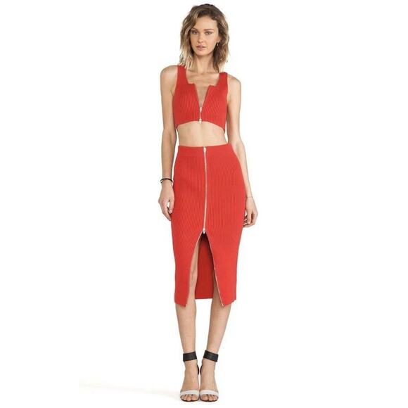T by Alexander Wang Spring Red Ribbed Knit Zip Midi Pencil Skirt XS Sexy Holiday - Picture 1 of 8